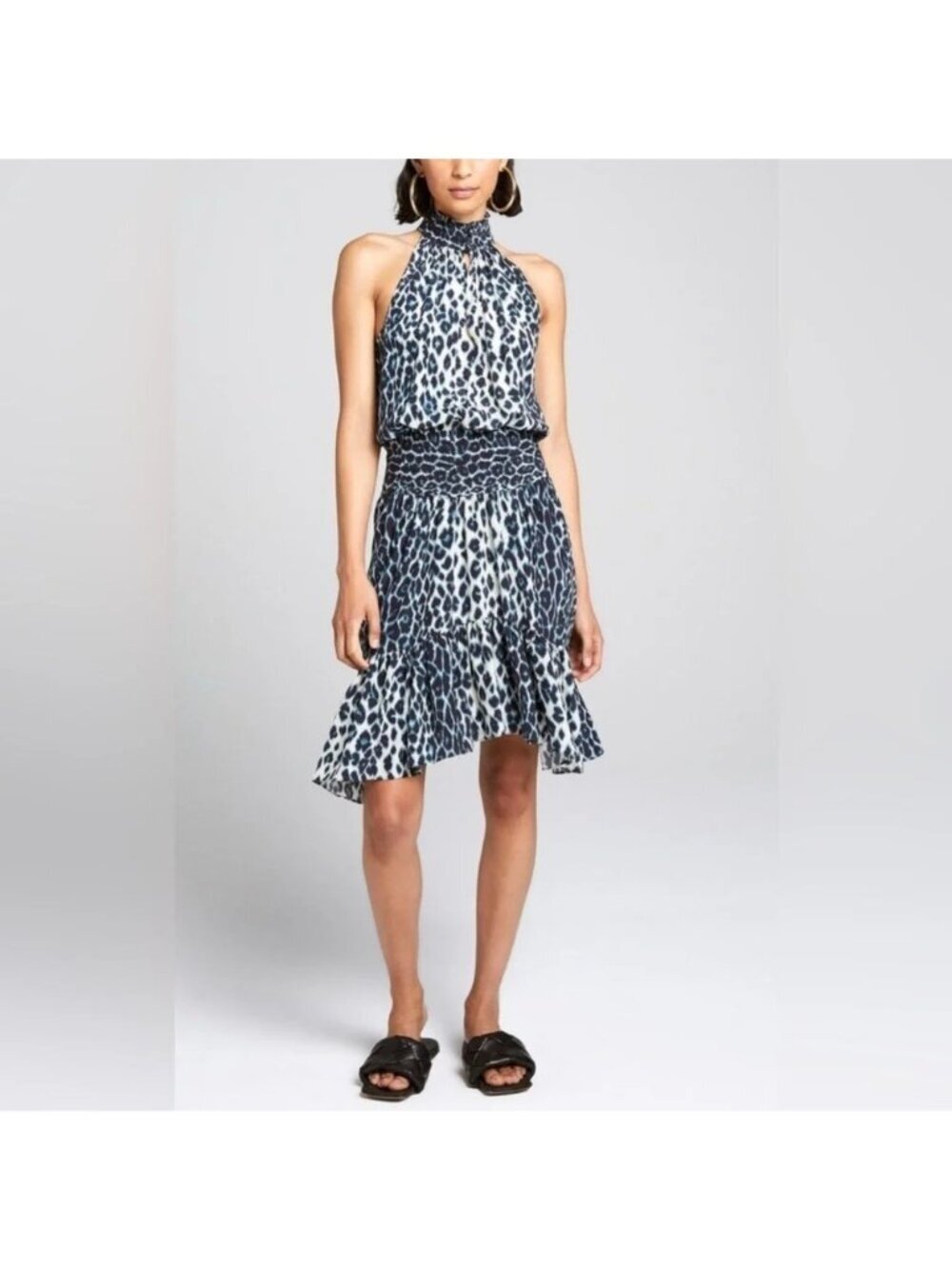 ALC CODY DRESS cream blue 2 leopard print halter cutout 100% silk midi sundress